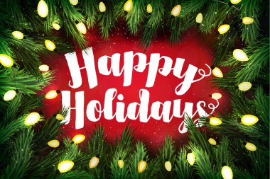Çam çelenk ve tatil tebrik kırmızı ile Noel kartı. Ha