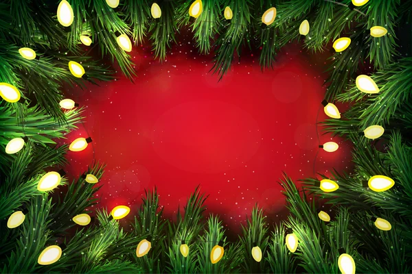 Grinalda de pinho de Natal com luzes no fundo vermelho festivo — Vetor de Stock