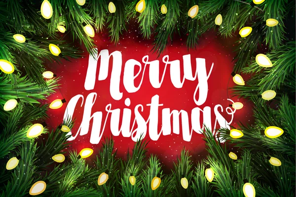 Carte de Noël avec couronne de pin et salutations de vacances sur rouge. Moi. — Image vectorielle