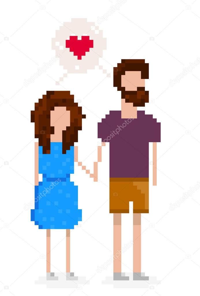 Hipster couple is in love and holding hands. Pixel art for Valen