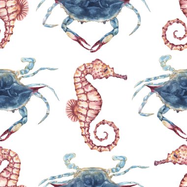 Suluboya el boyası Deniz Hayvanları kusursuz desen, yengeç ve deniz atı yinelenen desen, okyanus yaban hayatı arka planı