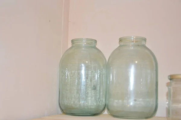 Glass Jars Preservation Standing Wooden Shelf — Stock Photo, Image