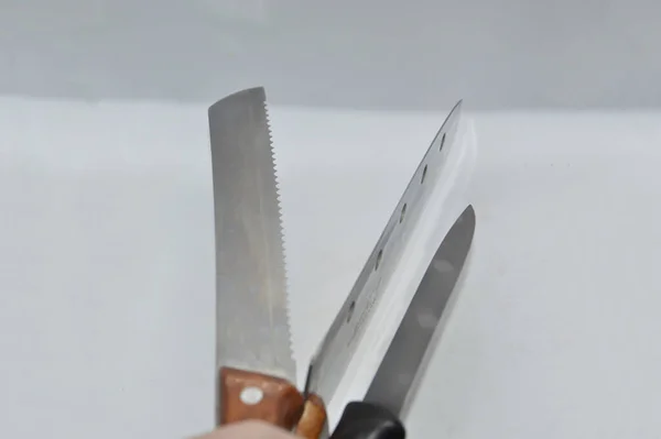 Coltello Lama Manico Mano Sfondo Bianco — Foto Stock