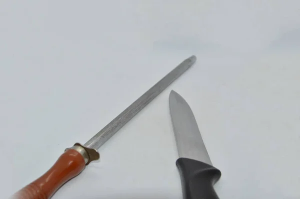 Coltello Lama Manico Mano Sfondo Bianco — Foto Stock