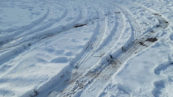 Spår Bilspår Vit Fallit Snö — Stockfoto