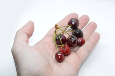 Beyaz tabakta taze kırmızı kirazlar