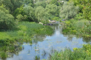 A mountain river flows with a stone banks