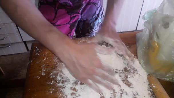 做饺子用的面团和切肉 — 图库视频影像