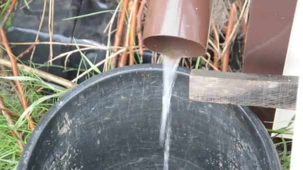 Νερό Χύνεται Από Σπίτι Στην Νεροποντή Στον Κουβά — Αρχείο Βίντεο
