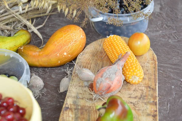 Stillleben Von Geernteten Beeren Und Gemüse Garten — Stockfoto