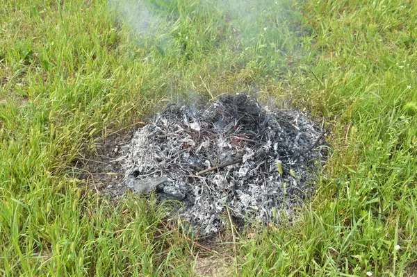 乾燥した植物のたき火は 火災や煙と土地のプロット上で燃焼している — ストック写真