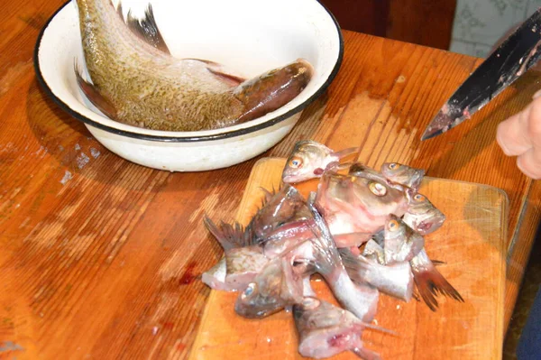 Frischen Flussfisch Mit Dem Messer Schneiden — Stockfoto