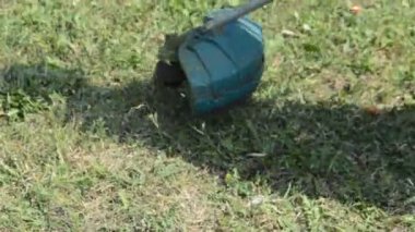 Kadın el budama makinesiyle çim biçiyor.