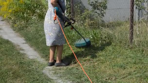 Kvinna Klipper Gräs Med Hand Trimmer — Stockvideo