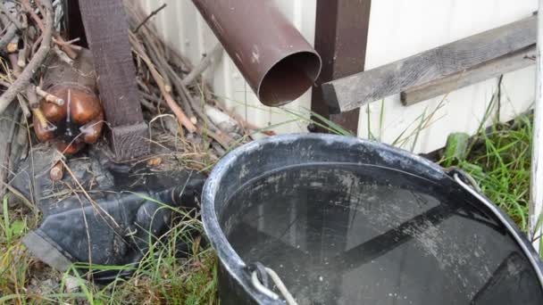 Agua Gotea Cubo Después Lluvia — Vídeos de Stock