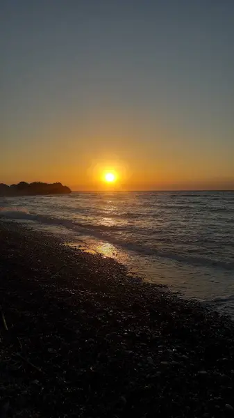 Solnedgång Stranden Ageiska Havet Rhodos Grekland — Stockfoto