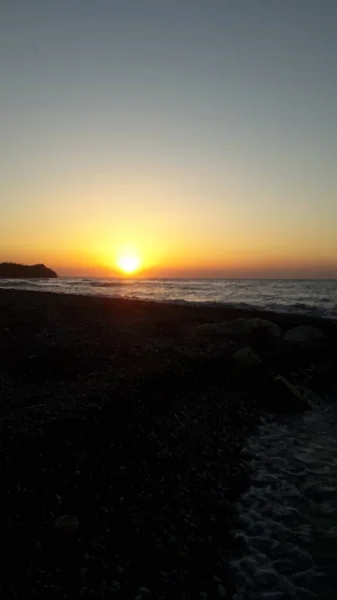 Solnedgång Stranden Ageiska Havet Rhodos Grekland — Stockfoto