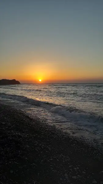 Solnedgång Stranden Ageiska Havet Rhodos Grekland — Stockfoto