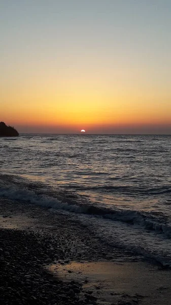 Solnedgång Stranden Ageiska Havet Rhodos Grekland — Stockfoto