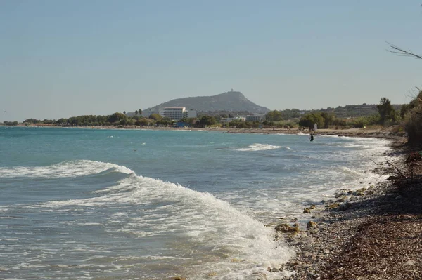 Panorama Pláže Egejského Moře Vesnici Theologos Ostrově Rhodos Řecku — Stock fotografie