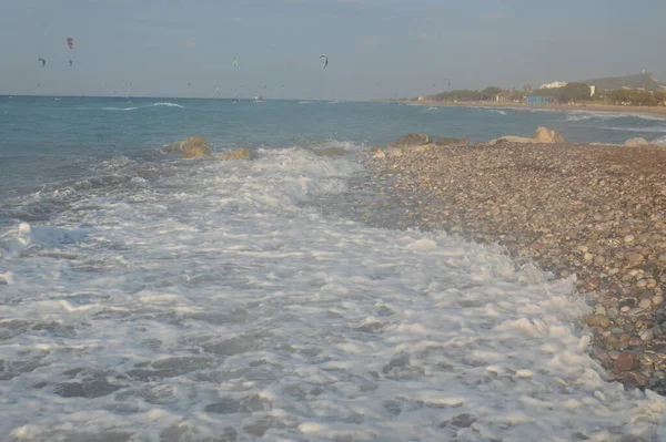 Panorama Playa Del Mar Egeo Pueblo Theologos Isla Rhodes Grecia — Foto de Stock