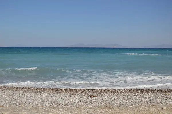 Panorama Playa Del Mar Egeo Pueblo Theologos Isla Rhodes Grecia —  Fotos de Stock