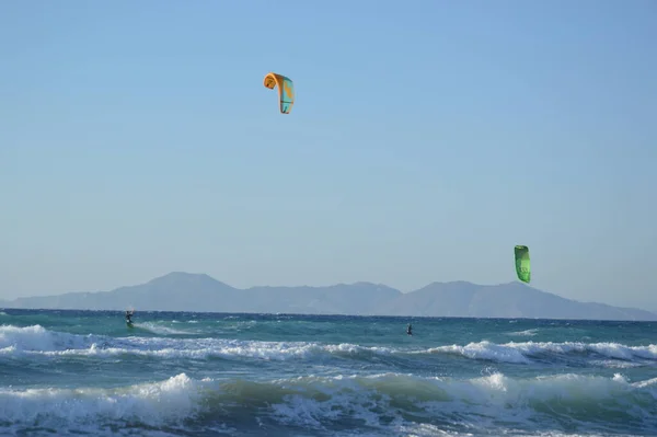 Theologos Rhodos Grekland September 2021 Kitesurfing Egeiska Havet Rhodos Grekland — Stockfoto
