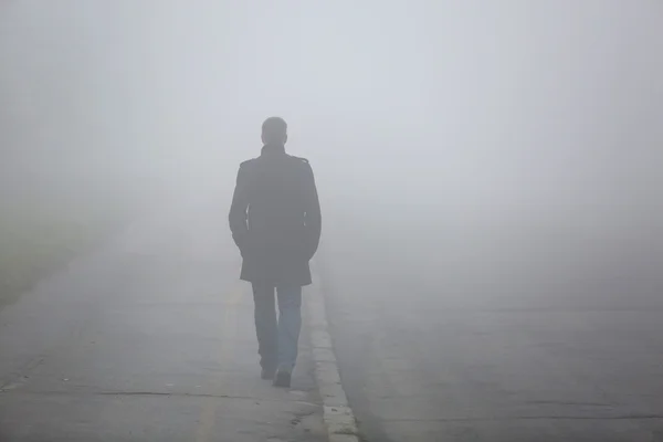 Uomo con la schiena che cammina per la strada della nebbia Immagini Stock Royalty Free