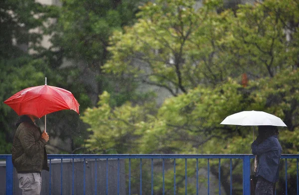 Due persone nel giorno della pioggia con ombrello — Foto Stock