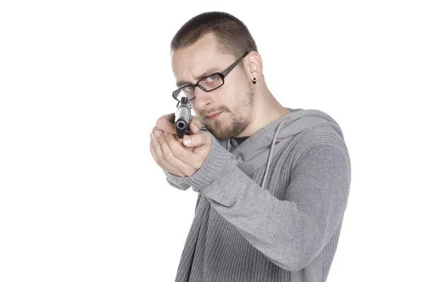 Kille med pistol pekade — Stockfoto