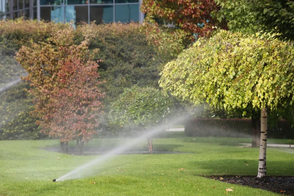 Gräsmatta sprinkler sprutar vatten över grönt gräs — Stockfoto