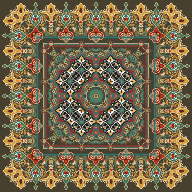 Vektör parlak desen. Altın kaplamalı doğu süsü ve turkuaz arka planda renkli detaylar. Herhangi bir yüzey için şablon. Mandalas 'ın oryantal süslemeleri ile zarif bir zemin.