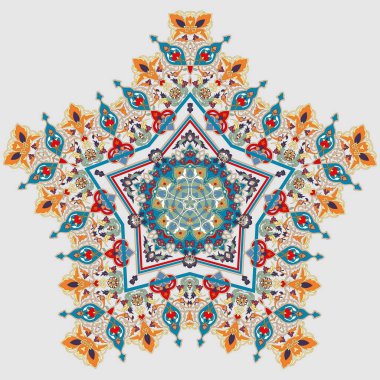 Vektör parlak desen. Altın kaplamalı doğu süsü ve turkuaz arka planda renkli detaylar. Herhangi bir yüzey için şablon. Mandalas 'ın oryantal süslemeleri ile zarif bir zemin.