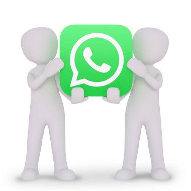 İki adam Whatsapp logosunu sunuyor.