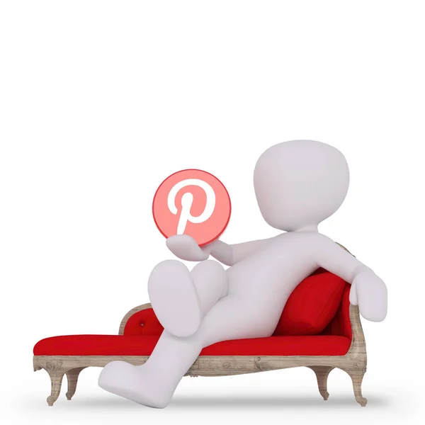Muž Představující Pinterest Ikonu Sedí Červeném Gauči — Stock fotografie