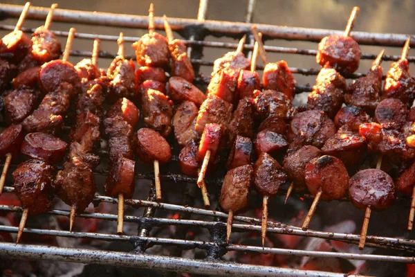 Saucisses savoureuses et brochettes de viande sur le gril au soleil — Photo