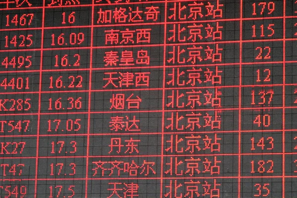 Chinese timetable train main station peking — Stock Photo, Image