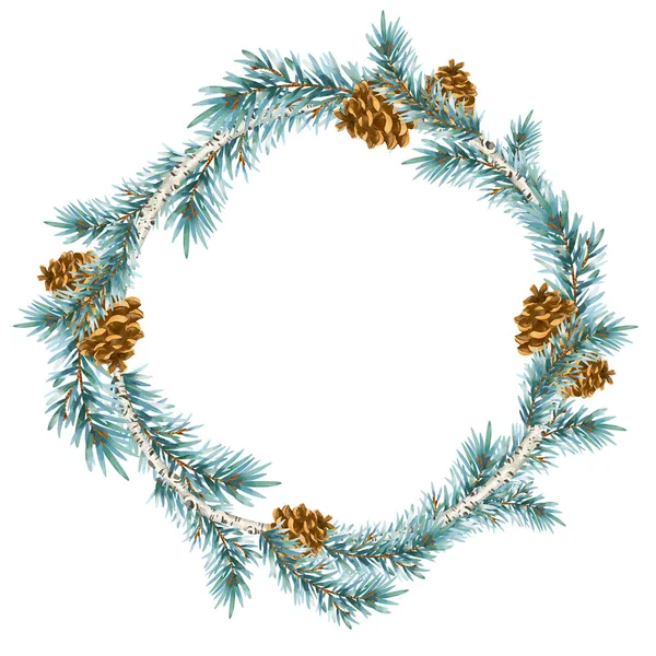 Vánoční Věnec Starém Stylu Kulatý Rám Smrkovou Větev Izolované Bílém — Stock fotografie