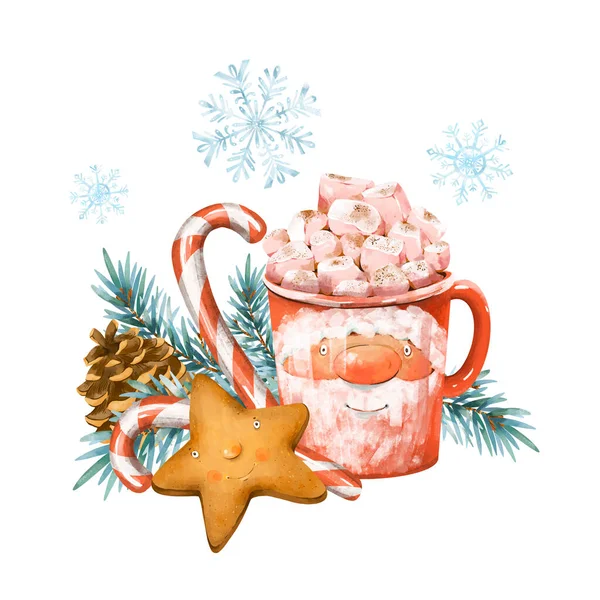Різдвяний Гарячий Напій Шоколад Зефір Печиво Ялинова Гілка Святкова Ілюстрація — стокове фото