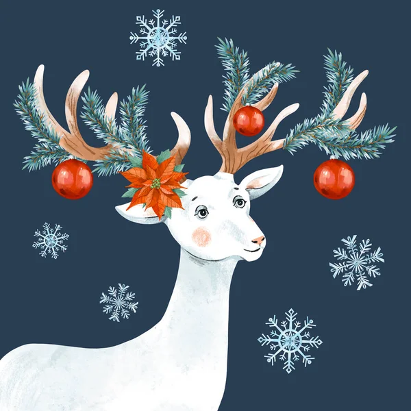 Vánoční Ročník Přání Roztomilým Bílým Jelenem Dovolená Ilustrace Zimní Pozdravy — Stock fotografie
