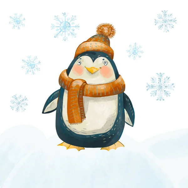 Vánoční Pohlednice Roztomilým Tučňákem Zimní Sváteční Ilustrace — Stock fotografie