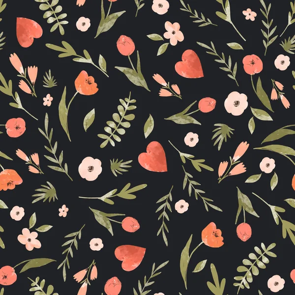 Cute Floral Heart Seamless Pattern Floral Botanical Wallpaper Black Baclground — Stock Photo, Image