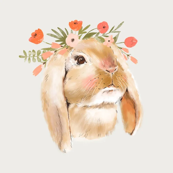 Cute bunny illustration with flowers. Spring bunnies greeting card. Little animals on white background