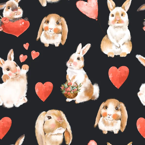 Cute bunny seamless pattern with heart and flowers. Spring bunnies wallpaper. Little animals on black background