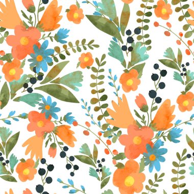 Kırsal kır çiçekleri pürüzsüz desen, yeşil yapraklar beyaz arka planda yaz buketi dokusu.