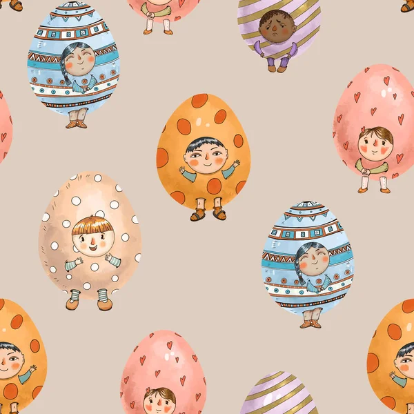 Funny Easter eggs seamless pattern. Cute children characters. Hand-drawn vintage holidays texture