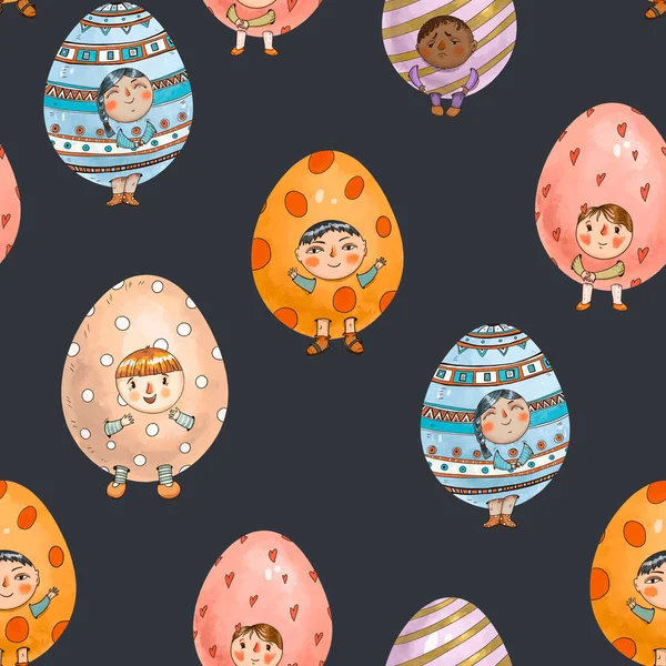 Funny Easter eggs seamless pattern. Cute children characters. Hand-drawn vintage holidays texture on black background