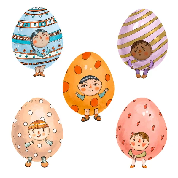 Funny Easter eggs seamless pattern. Cute children characters. Hand-drawn vintage holidays texture on white background