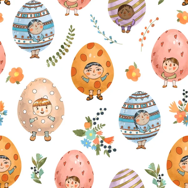 Funny Easter eggs seamless pattern. Cute children characters. Hand-drawn vintage holidays texture on white background
