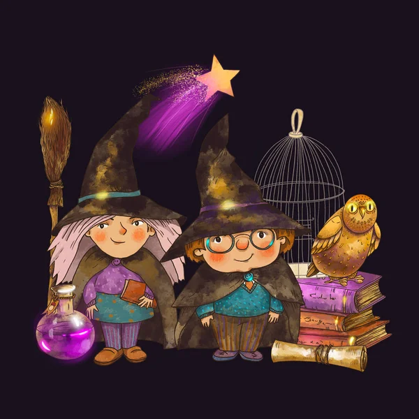 Magic school illustration. Little wizard magical greeting card with owl, stars, moon crystals and old spellbook on black background.